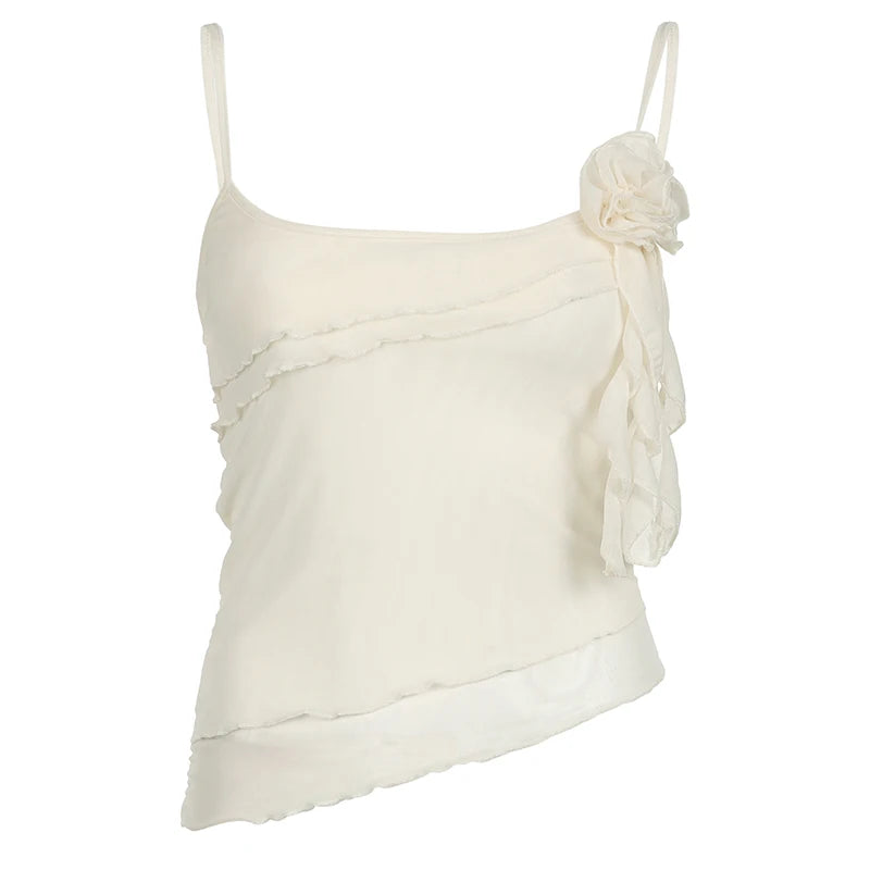 Top de tirantes con volantes de flores para mujer, elegante y sexy, a la moda, sin mangas, con dobladillo estético, camisetas de tirantes, conjuntos de verano para la calle