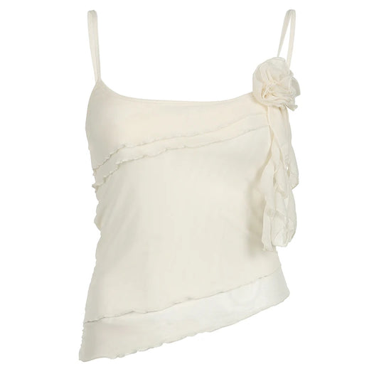 Top de tirantes con volantes de flores para mujer, elegante y sexy, a la moda, sin mangas, con dobladillo estético, camisetas de tirantes, conjuntos de verano para la calle