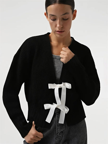 Suéter de punto de otoño para mujer, cárdigan con lazo, moda, acanalado, con retazos y cordones, cárdigan de punto para mujer