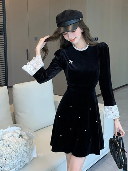 Woman Spring Summer New Elegant Velvet Mini A-line Dresses Long Sleeve Party Fashion One Piece Robe