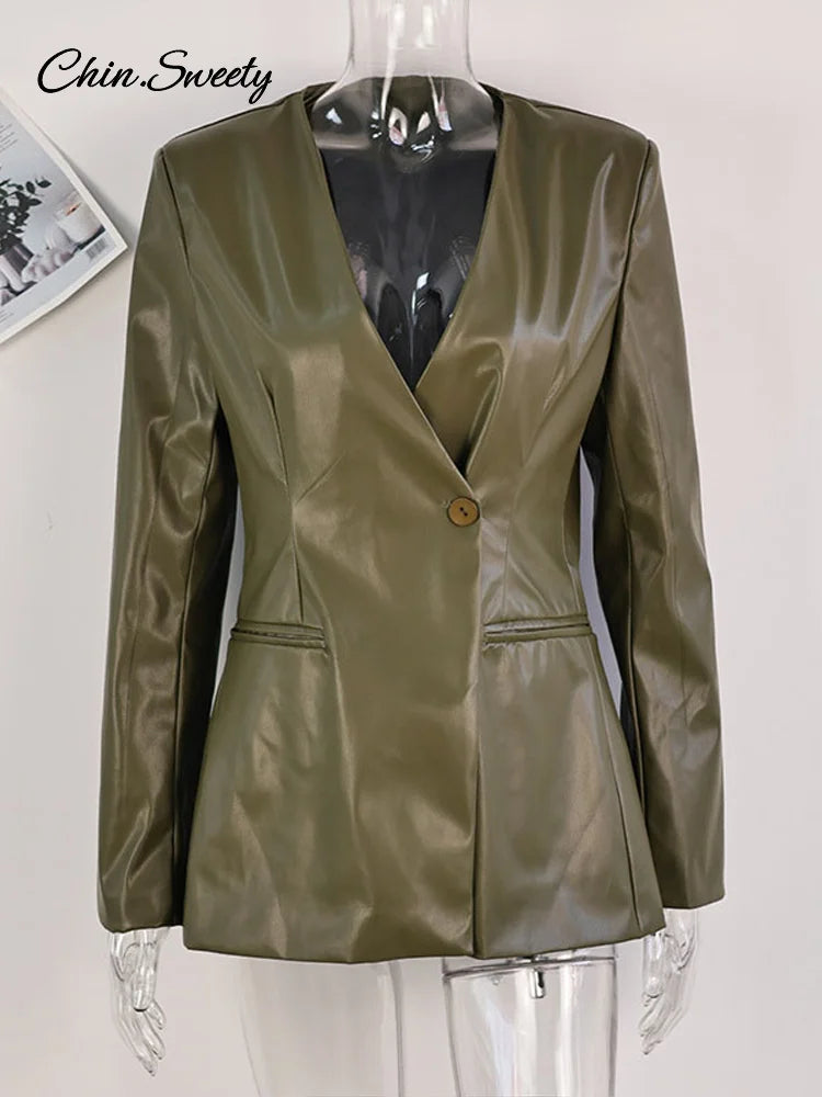 Chaqueta de cuero para mujer, estilo urbano, verde, con pliegues, escote en V, un botón, manga larga, bolsillos, abrigo hasta la cintura, primavera 2025, estilo urbano Y2K.