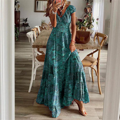 Vestidos largos con estampado bohemio para mujer, cuello en V, cintura elástica, mangas cortas, estilo casual de vacaciones, vestidos vintage de moda para mujer