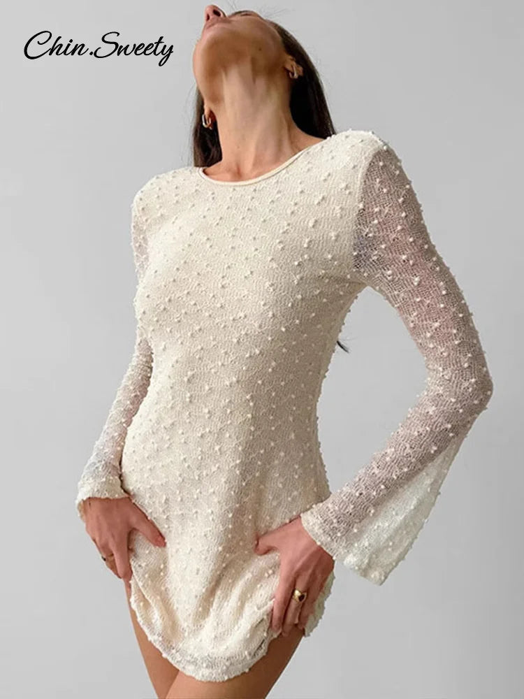 Sexy Backless Jacquard Mini Dress Women Flare Long Sleeve Lace Up O-neck Party Dresses 2025 Lady Slim Evening Beach Gowns New