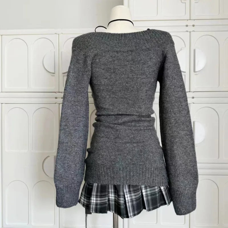 Suéter vintage francés con cuello en V para mujer, jersey de manga larga, minifalda de punto, estilo años 2000, conjuntos de 3 piezas.