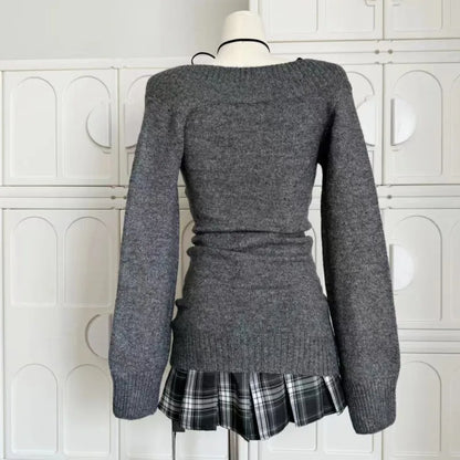 Suéter vintage francés con cuello en V para mujer, jersey de manga larga, minifalda de punto, estilo años 2000, conjuntos de 3 piezas.