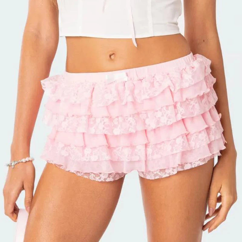 Ropa de estar por casa kawaii, disfraz de hada Y2K, pantalones cortos vintage de encaje con volantes de los años 00, estilo japonés, bombacho multicapa con volantes de Lolita