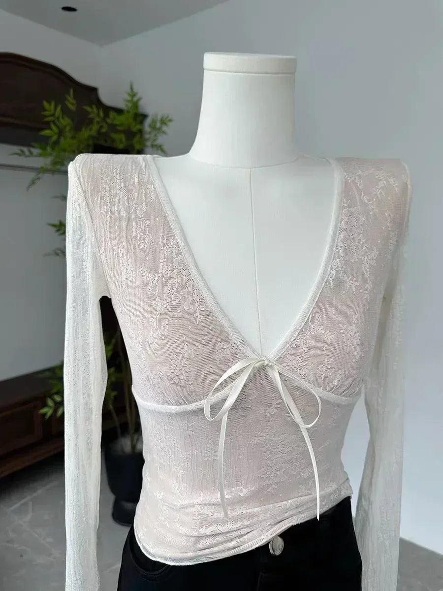 Korean Fashion Crop Top y2k Aesthetic Sweet Lace Patchwork Long Sleeve T Shirt with Bow 2000s Women Clothes Streetwear
