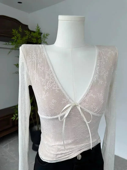 Korean Fashion Crop Top y2k Aesthetic Sweet Lace Patchwork Long Sleeve T Shirt with Bow 2000s Women Clothes Streetwear