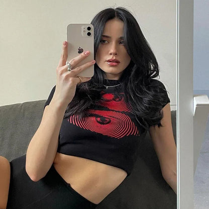 Camiseta corta con diseño estampado de tendencia de verano para mujer europea y americana transfronteriza Y2K