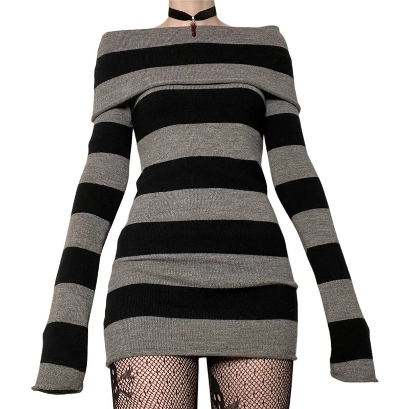Vestidos góticos punk gótico brujería oscuro academia mujeres vestido de punto con hombros descubiertos y2k hadas grunge vestidos ropa de Halloween