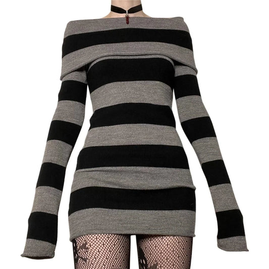 Goth Dresses Punk Gothic Witchy Dark Academia Women Off Shoulder Knitted Dress y2k Fairy Grunge Dresses Halloween Wear