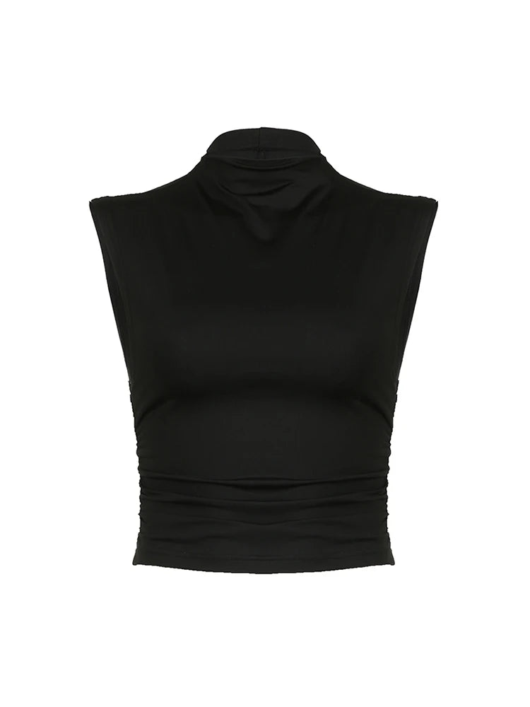 Camiseta sin mangas de cuello alto para mujer, negra, lisa, sencilla, básica, elegante, con fruncido lateral, ajustada