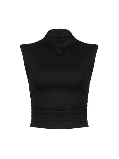 Camiseta sin mangas de cuello alto para mujer, negra, lisa, sencilla, básica, elegante, con fruncido lateral, ajustada