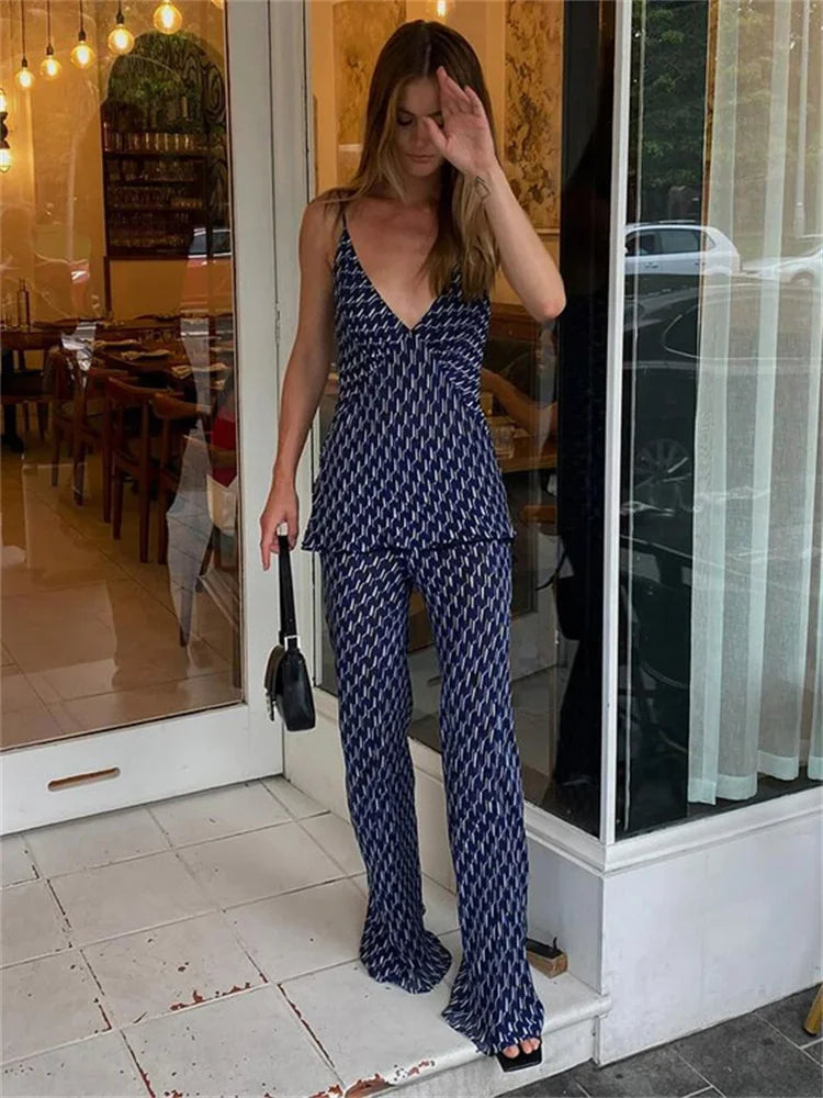 Conjunto de dos piezas con pantalones estampados de moda para mujer, jersey ajustado con cuello en V en contraste y pantalones de pierna ancha, ropa informal.