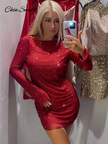 Sexy Sequins Backless Red Christmas Mini Dress Shiny O-neck Long Sleeve Dresses Female  New Lady Slim Party Club Gowns