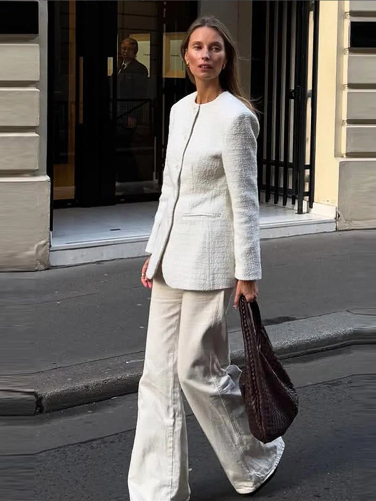 Elegante blazer de tweed para mujer, abrigo ajustado con cuello redondo y hombreras, chaqueta gruesa para mujer, ropa de oficina de primavera 2025