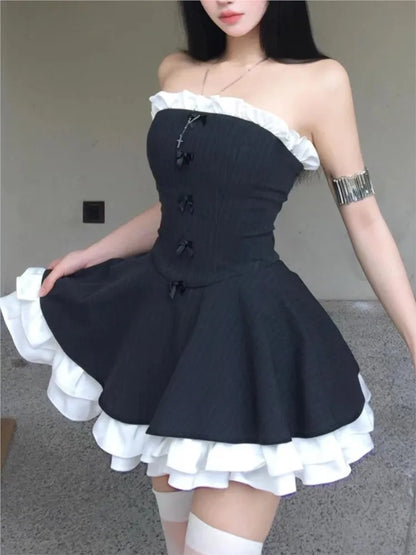 Vestido de fiesta de cumpleaños Y2K sin tirantes con retazos y volantes, corte A, corto, para mujer, vestido de baile francés de una pieza