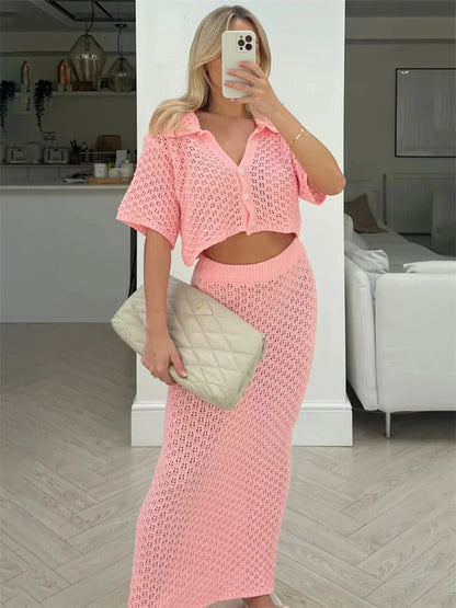 Conjunto de dos piezas de punto calado para mujer, falda larga, top corto, cárdigan y falda larga de cintura alta, ropa femenina