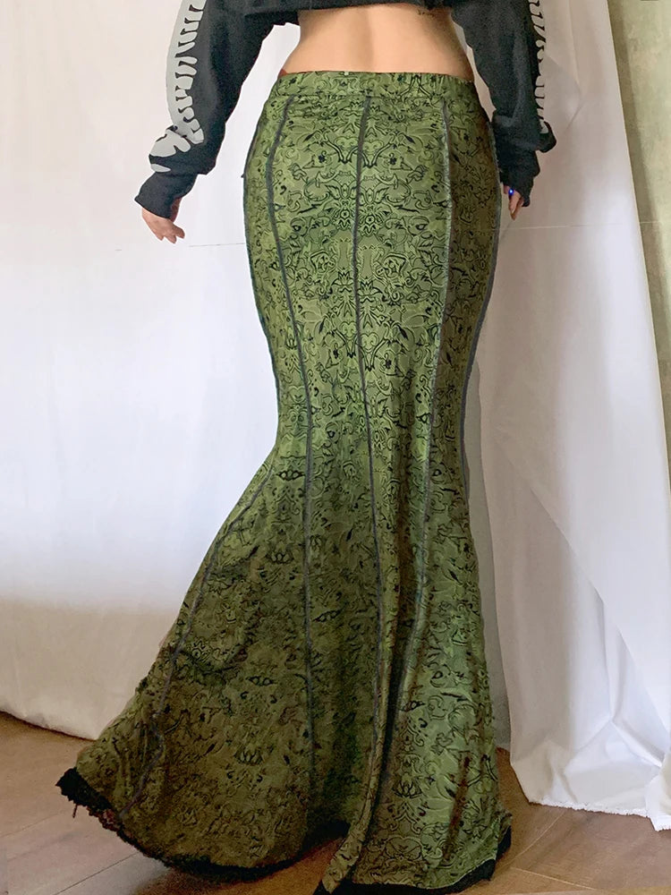 Faldas largas de vacaciones con estampado verde bosque, estilo sirena con ribete de encaje vintage para mujer