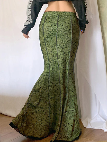 Faldas largas de vacaciones con estampado verde bosque, estilo sirena con ribete de encaje vintage para mujer
