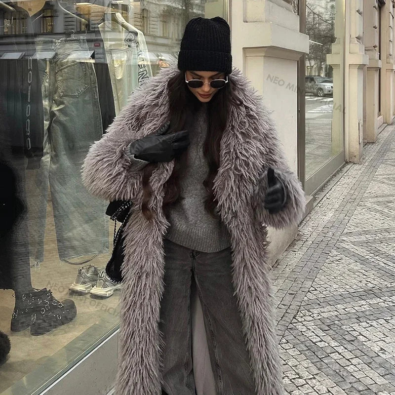 Abrigo de piel de cordero extra largo de lujo para mujer, abrigo de invierno estilo Mob Wife, chaqueta de piel sintética gruesa de gran tamaño