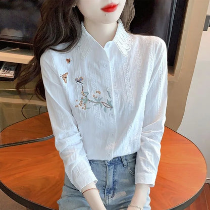 Blusas bordadas para mujer, primavera y otoño, informales, de manga larga, con cuello vuelto, de color liso, DF4775