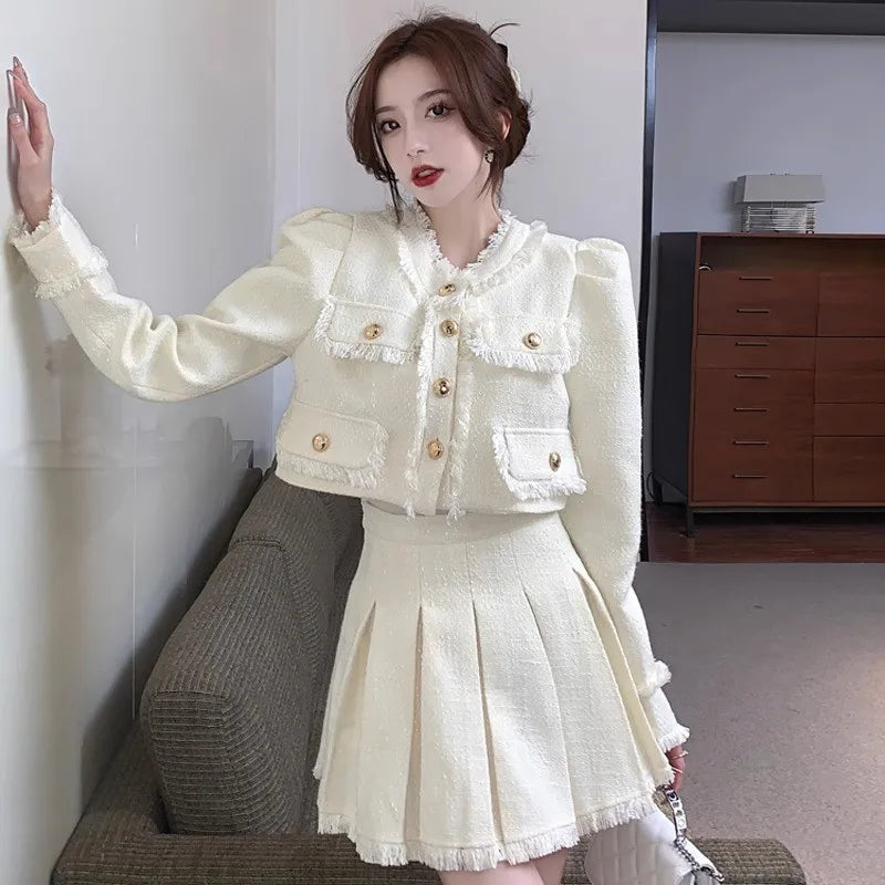 Elegante traje de tweed de dos piezas, conjunto de falda, otoño invierno, nuevo estilo francés, chaqueta corta, abrigo, minifalda, moda coreana, trajes femeninos