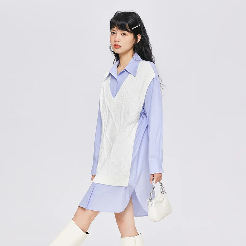 Dress Women Pointed Collar Stitching Fake Two-Piece Split  Autumn New Oversize Literary Dress Gentle