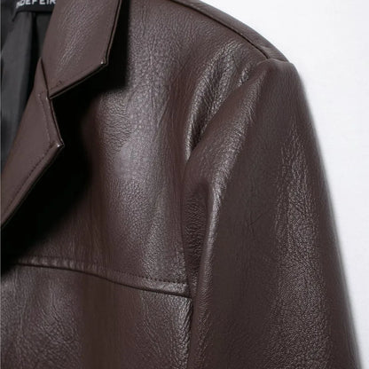 Blazer retro americano para mujer, de cuero sintético marrón y rojo, con cuello entallado, manga larga, estilo midi, holgado, de gran tamaño