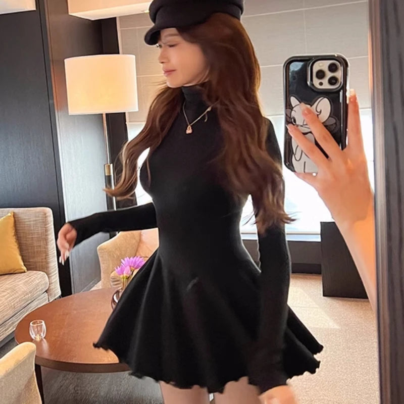 Autumn New Solid Mini Dresses Women Turtleneck Long Sleeve Ruffles A-line Casual Korean Fashion Female Clothing Vestidos Mujer