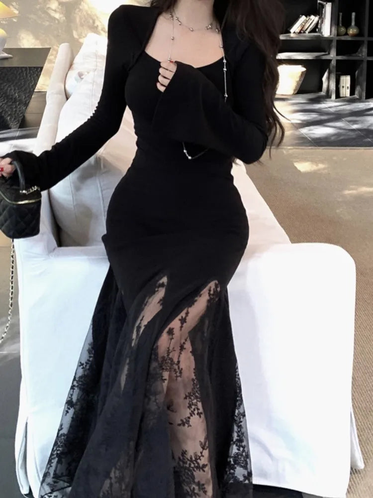 New Spring Summer Vintage Bodycon Solid Chic Women Black Dress Elegant Slim Lace Patchwork Party Prom Vestidos Female Clothes