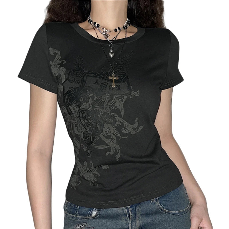 y2k Fairy Grunge Tops Summer Vintage Floral Print Short Sleeve Tshirt 2000s Aesthetic Women Harajuku Tee Streetwear