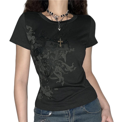 y2k Fairy Grunge Tops Summer Vintage Floral Print Short Sleeve Tshirt 2000s Aesthetic Women Harajuku Tee Streetwear