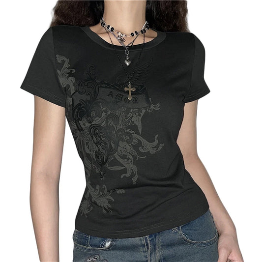 y2k Fairy Grunge Tops Summer Vintage Floral Print Short Sleeve Tshirt 2000s Aesthetic Women Harajuku Tee Streetwear