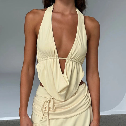 Top ajustado sin mangas con cuello halter sexy con tirantes cruzados para mujer de primavera y verano de Europa y Estados Unidos