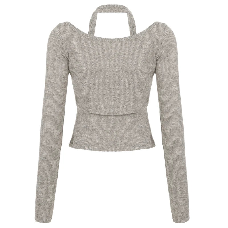 Conjunto de 2 piezas de moda para mujer, camiseta con cuello halter, mangas largas, estilo coreano, blusas sencillas para oficina, combinables con todo.