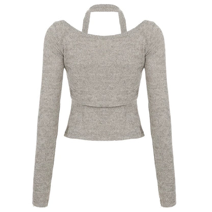 Conjunto de 2 piezas de moda para mujer, camiseta con cuello halter, mangas largas, estilo coreano, blusas sencillas para oficina, combinables con todo.