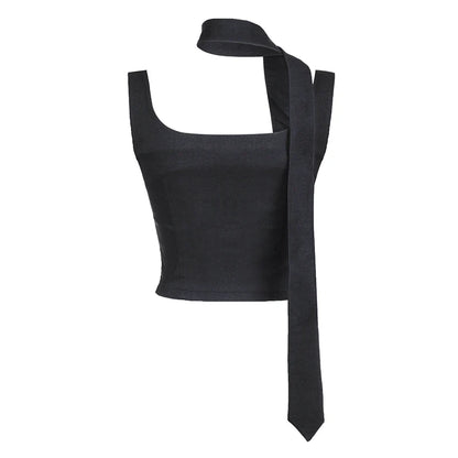 Women Tank Top with Scarf Fashion Basic Sleeveless Button Up Vest Tops Streetwear Vintage Gray Square Collar Camis