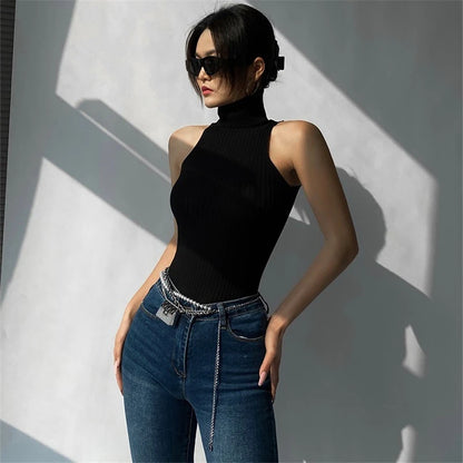 Chaleco de verano de cuello alto para mujer, sin mangas, de color sólido, de punto acanalado, ajustado, camisetas sin mangas Y2K, ropa básica para discoteca para mujer