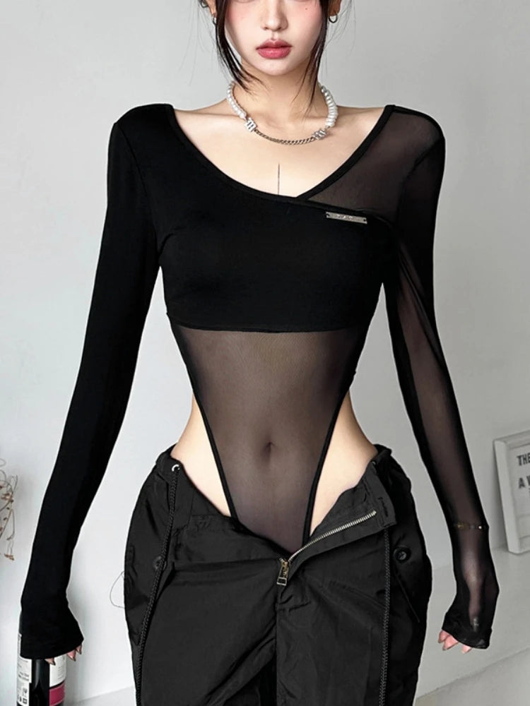 Body negro transparente, lencería sexy de manga larga con escote en V, body de una pieza femenino, top sin espalda para mujer