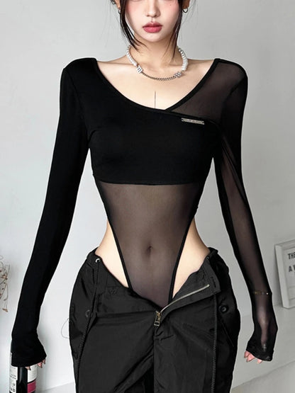 Body negro transparente, lencería sexy de manga larga con escote en V, body de una pieza femenino, top sin espalda para mujer