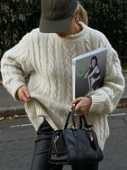 Suéteres casuales de punto de manga larga para mujer, suéter holgado blanco de cuello medio alto, suéter femenino de otoño, tops sencillos y elegantes de calle.