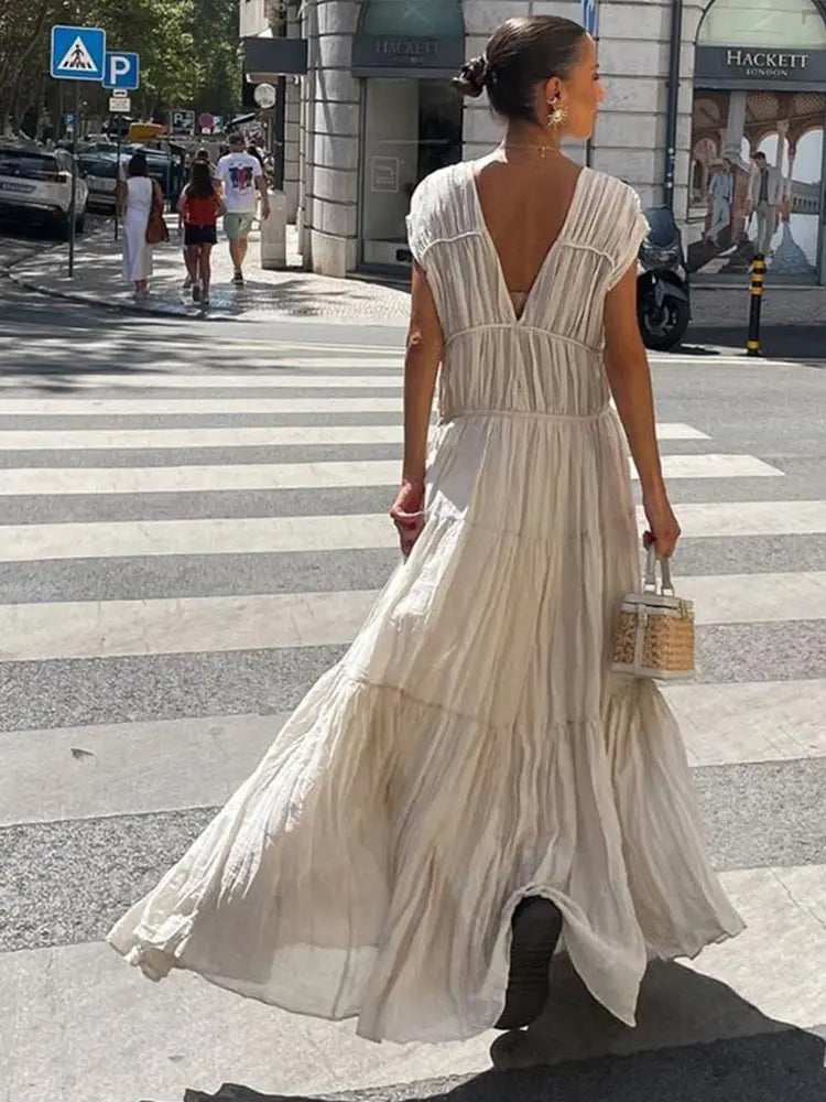 Vestidos largos plisados vintage para mujer, elegantes, sin espalda, cuello redondo, manga corta, para verano, primavera, fiestas, playa y vacaciones.
