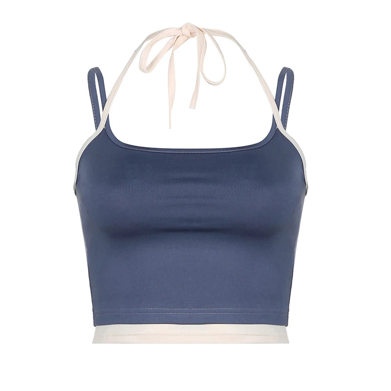 Camisola de moda de calle alta, top de retazos falso de dos piezas, top de tirantes con cuello halter, chaleco básico sin mangas para fitness, informal, de verano