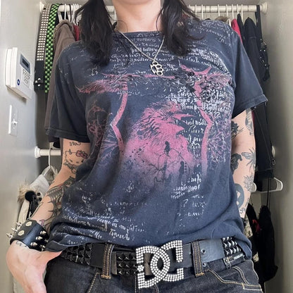 Camiseta cibergótica grunge Y2K con gráfico de calavera vintage, top corto de manga corta, camiseta skater retro japonesa kawaii de los años 00, ropa de calle para mujer