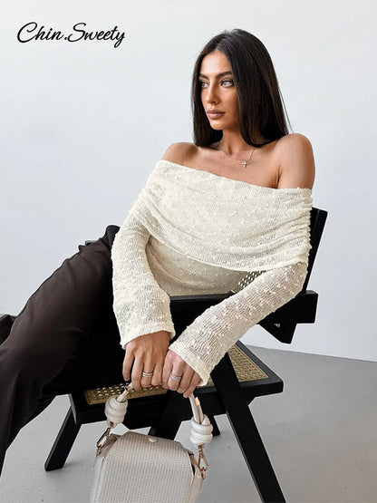 Camisa elegante con hombros descubiertos para mujer, de punto, lisa, de manga larga, sin espalda, ajustada, para oficina, primavera y verano de 2025.
