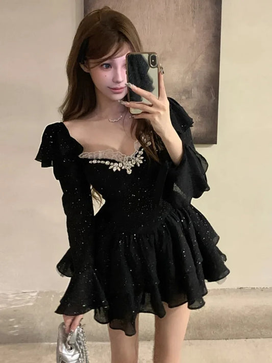 Vestidos cortos negros Y2K para mujer, con diamantes, cuello cuadrado, mangas acampanadas, cintura alta, corte A, para fiesta de cumpleaños, graduación, minivestidos