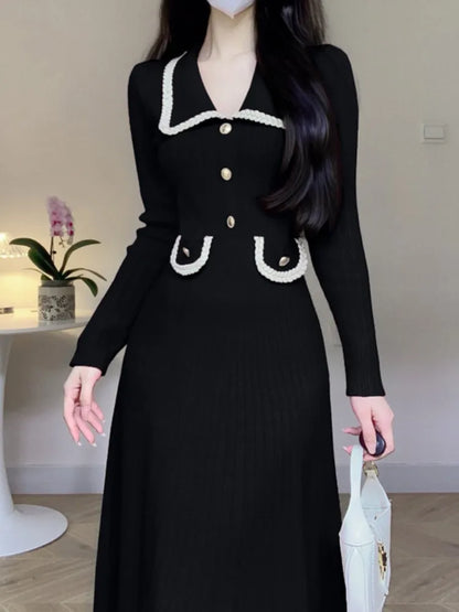 Vestidos de punto de otoño e invierno para mujer, cuello vuelto, moda coreana, corte en A, vestido liso informal, vestidos ajustados para mujer, nuevo