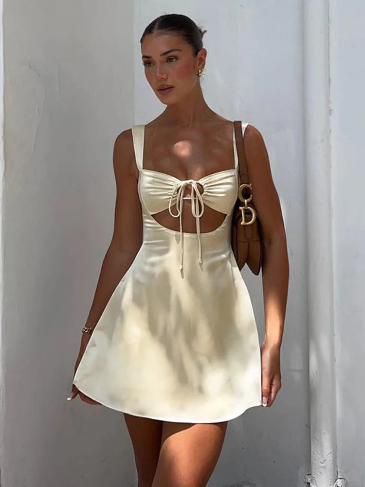 Hollow Out Bandage Sexy Mini Dress For Women  Summer New Spaghetti Sleeveless Backless Bodycon Club Party Dress