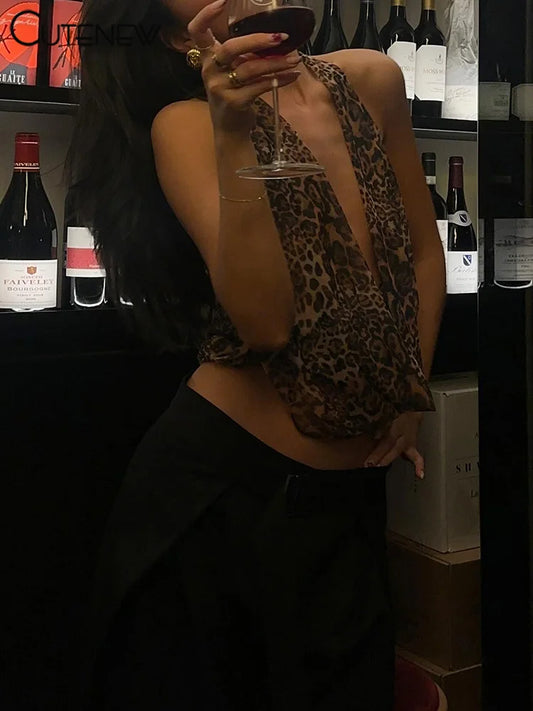 Chaleco con cuello halter estampado para mujer, moda de verano, cuello halter, vendaje único, moda sexy para mujer, fiesta callejera, tops a juego